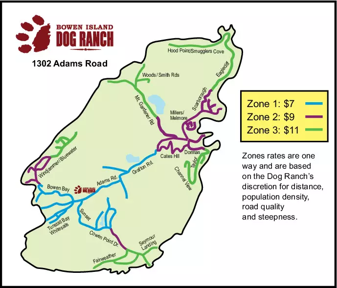 Bowen Island Dog Ranch - Day Camp Shuttle Zones map